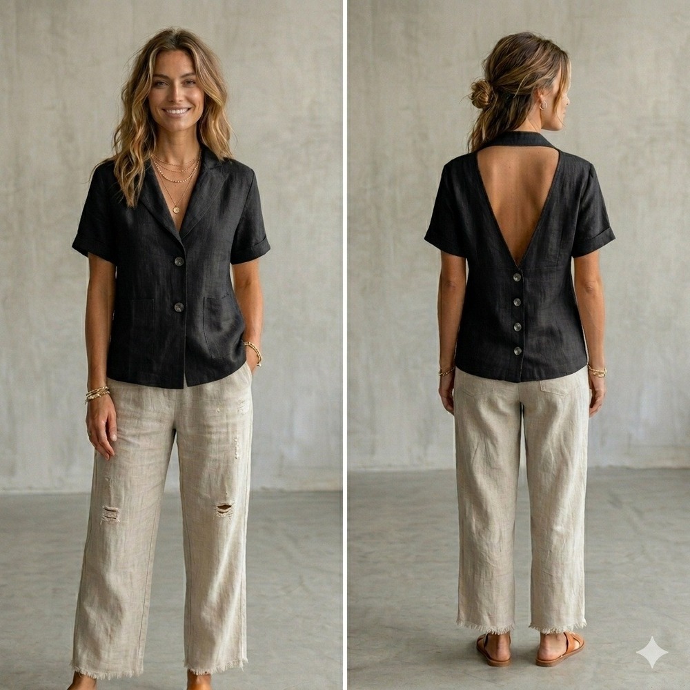 NWOT FILOSOFIA Black Linen‎ Short Sleeve Open Back Button Up Shirt Top Medium